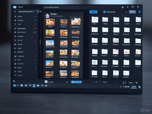 A laptop screen displaying a file explorer window with photo thumbnails and folder icons in a dark-themed interface. A laptop screen displaying a file explorer window with photo thumbnails and folder icons in a dark-themed interface.