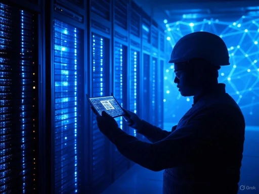 A person in a hard hat uses a tablet in a server room with blue lighting and network visuals.