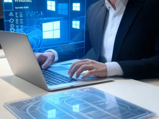 A person in business attire using a laptop with virtual Windows interface graphics overlaying the scene.