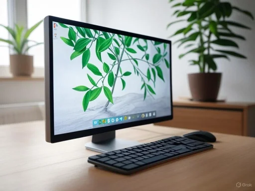 A computer monitor, keyboard, and mouse on a wooden desk with plants in the background.