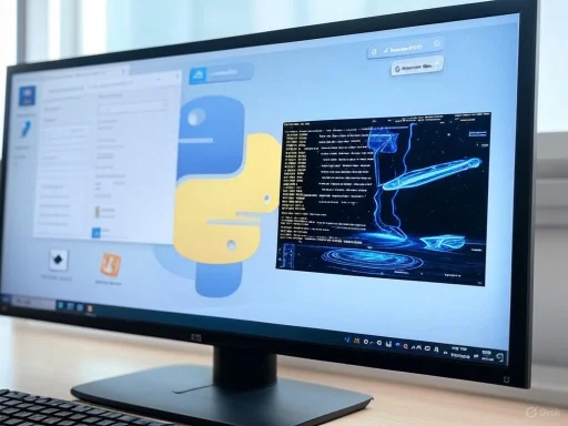 A computer monitor displaying Python code, a blurred background, and a graphical interface with data analysis visuals.