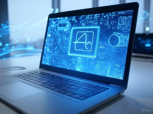 A laptop displays futuristic digital graphs and data visualization related to artificial intelligence or data analysis.