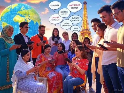Diverse group of young people using smartphones with the Eiffel Tower and globe in the background.