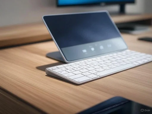 A wireless keyboard and tablet stand are placed on a wooden desk.