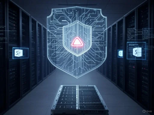 A digital security shield with a warning symbol is displayed in a server room filled with racks of data servers.