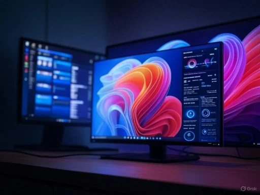 Multiple monitors display colorful digital interfaces in a dark workspace setup.