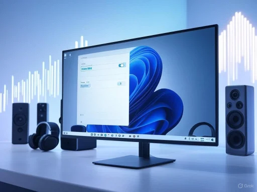 A computer monitor displays a Windows 11 desktop with speakers and headphones on a desk, with audio waveforms in the background.