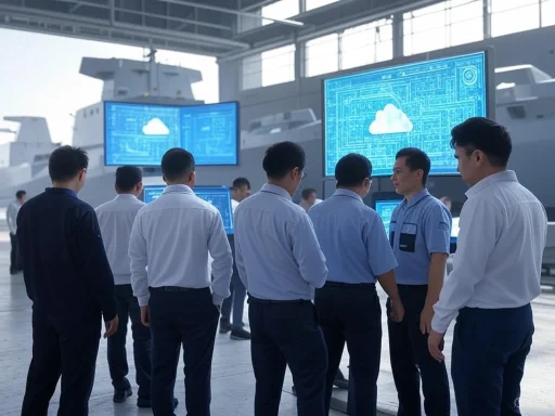 Group of people in uniform looking at digital displays of cloud computing data on large screens in a high-tech environment.