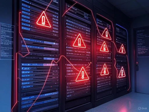 Data breach warnings displayed on server racks in a secure data center.