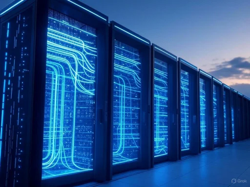 A row of modern data servers with glowing blue circuit-like lights under a dusk sky. A row of modern data servers with glowing blue circuit-like lights under a dusk sky.