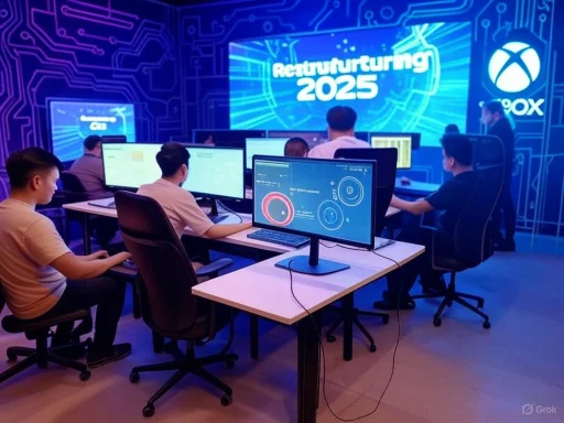 People working on computers in a high-tech training room with a 'Reimagining 2025' presentation on a large screen.