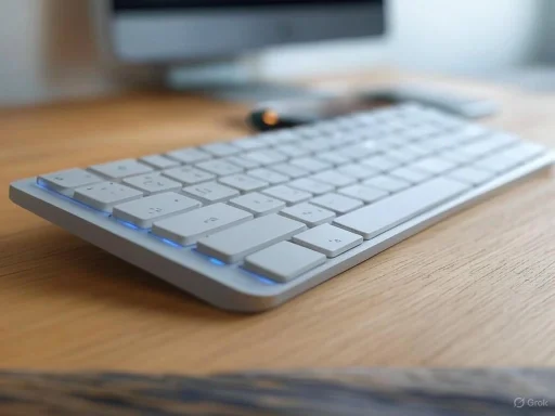 A white wireless keyboard on a wooden desk with a blurred computer monitor in the background.