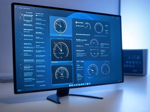 A computer monitor displaying various data visualizations and performance metrics in a technical or control room setting.