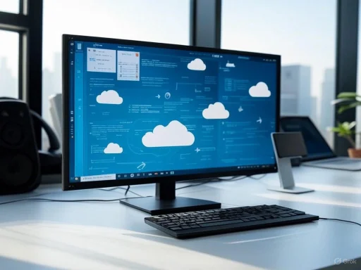 A modern office desk with a computer monitor displaying cloud technology graphics, alongside a keyboard and a phone.