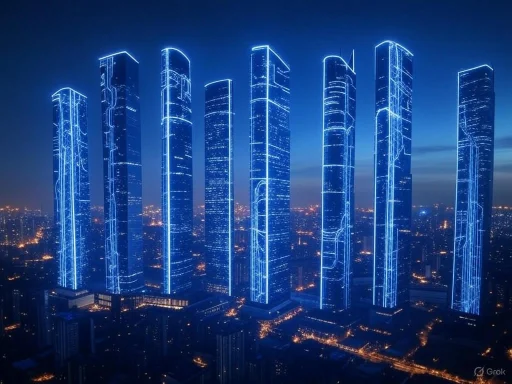 Futuristic skyscrapers illuminated with blue neon outlines in a city skyline at night.