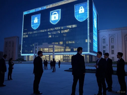 People gather outside a modern glass building with security icons projected on its facade at night. People gather outside a modern glass building with security icons projected on its facade at night.