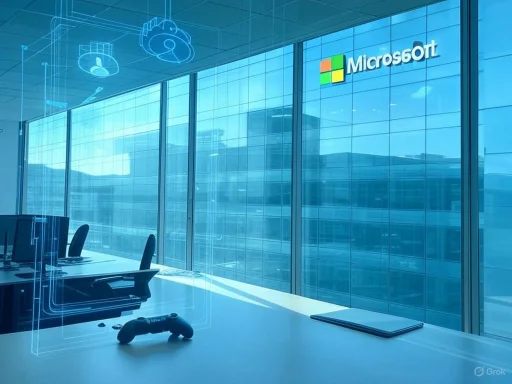 Modern office with Microsoft logo and digital cloud graphics on the window, suggesting technology and cloud computing focus. Modern office with Microsoft logo and digital cloud graphics on the window, suggesting technology and cloud computing focus.