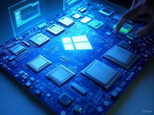 A close-up of a computer motherboard with a highlighted Windows logo, illuminated by blue light, and a finger pointing at a component.