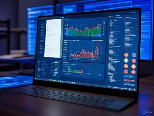 A laptop displays various data analytics and graphs in a dark room with multiple screens in the background. A laptop displays various data analytics and graphs in a dark room with multiple screens in the background.