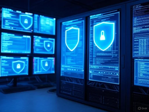 Multiple computer screens displaying cybersecurity shield icons and data in a dark, high-tech server room.