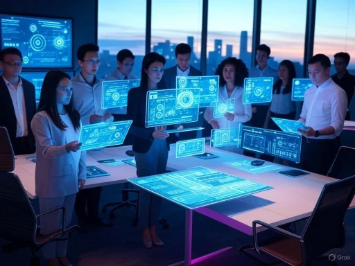 A diverse group of professionals analyzing holographic digital data in a modern, high-tech conference room. A diverse group of professionals analyzing holographic digital data in a modern, high-tech conference room.