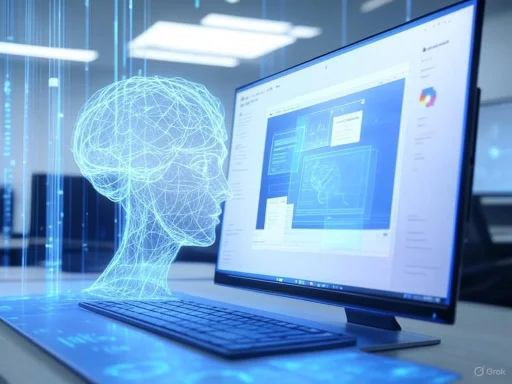 A digital hologram of a human head with brain and neural network illustrations displayed next to a computer monitor in a high-tech office. A digital hologram of a human head with brain and neural network illustrations displayed next to a computer monitor in a high-tech office.