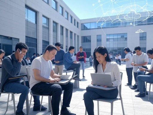Students are sitting outdoors in a courtyard, engaging with their laptops and devices, with a modern building in the background.