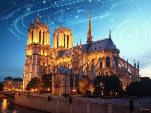 Notre-Dame Cathedral lit up at dusk with digital overlays of celestial patterns in the sky. Notre-Dame Cathedral lit up at dusk with digital overlays of celestial patterns in the sky.