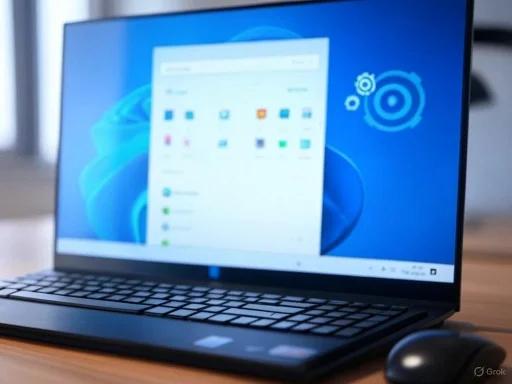 A laptop displaying a blue-themed interface with app icons, placed on a wooden desk with a mouse nearby.