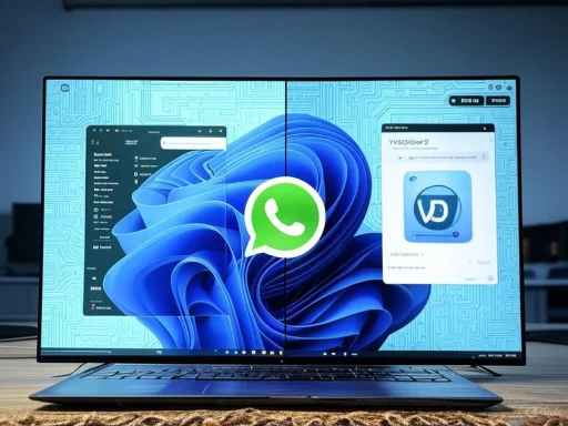A laptop screen displaying WhatsApp and a messaging app with a circuit board background.