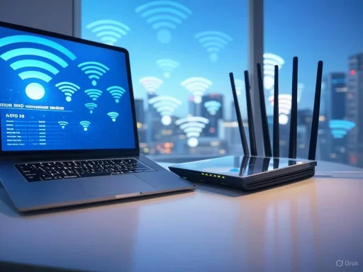 A laptop and router with Wi-Fi signals projected on a window in a modern office setting.