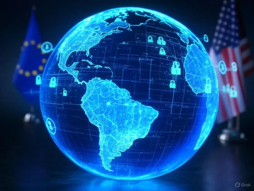 A digital hologram of Earth highlighting cybersecurity with lock icons, flanked by EU and US flags. A digital hologram of Earth highlighting cybersecurity with lock icons, flanked by EU and US flags.