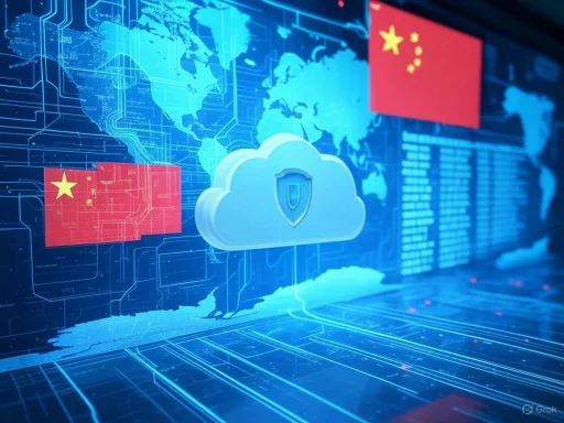 Cloud computing security with Chinese flags and digital world map background.