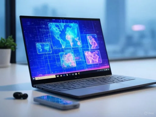 A laptop displays a digital world map and data visualizations on its screen, placed on a desk with a smartphone nearby.