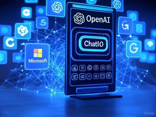 A digital illustration of a smartphone with 'Chatlo' on the screen, surrounded by floating app icons like Microsoft, Google, and OpenAI.