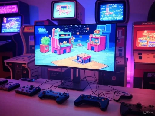 A gaming setup with a monitor displaying pixel art and multiple vintage arcade game consoles in a dimly lit, colorful room.