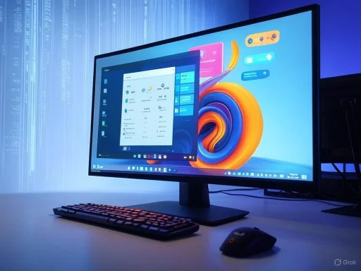 A computer desk setup featuring a large monitor, mechanical keyboard, and mouse, with a code or data display projected on the wall.