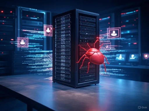 A computer server surrounded by digital user icons and a large, red, cartoonish bug representing cybersecurity threats.