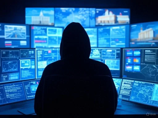 A person in a hoodie monitors multiple digital screens displaying data and maps in a dark control room.
