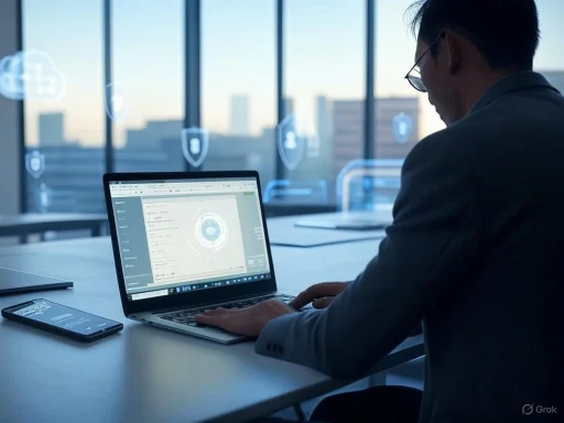 A person in business attire works on a laptop in a modern office with a city view, analyzing cybersecurity or cloud data.