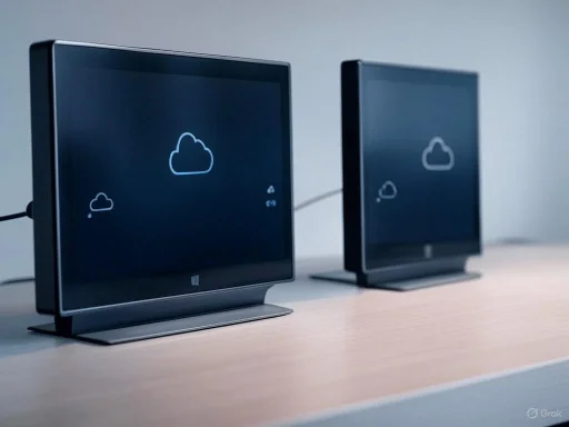 Two monitors displaying cloud icons are placed on a light-colored desk.
