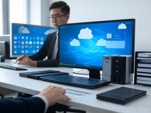 A person working at a desk with multiple computer monitors displaying cloud technology interfaces.