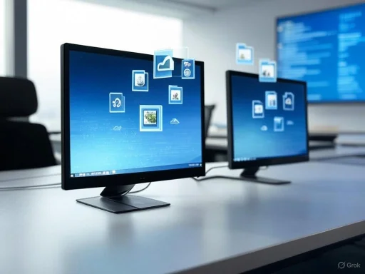 Two computer monitors on a desk display floating application icons in a modern office setting.