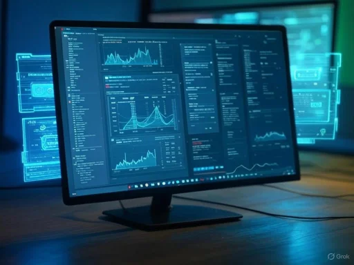 A computer monitor displays complex data analytics, charts, and graphs with holographic digital interfaces behind it.