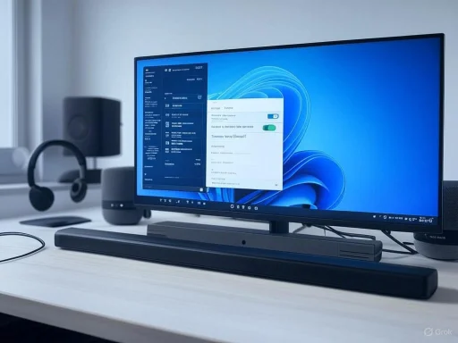 A modern desktop setup with a large monitor, speaker, headphones, and a soundbar on a white desk.