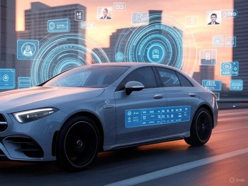 A smart autonomous car with digital interfaces and tech overlays on a city street at sunset.