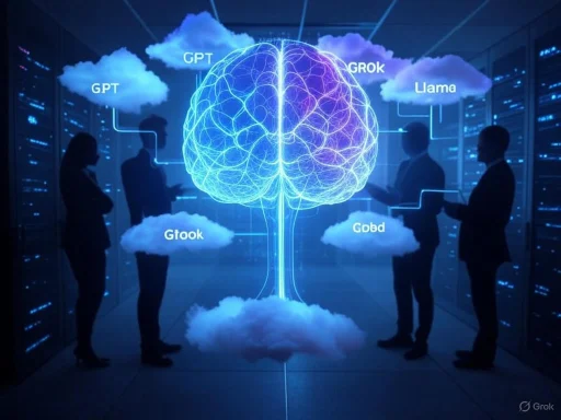 Humans analyze a digital brain surrounded by cloud computing labels in a data center.