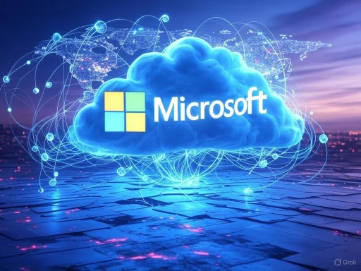 A digital illustration of a cloud with the Microsoft logo, surrounded by interconnected data and world map, representing cloud technology.