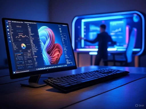 A modern workspace with a computer displaying colorful analytics, illuminated by blue neon lighting in a dim room.