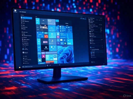 A computer monitor displays a Windows interface with a colorful background of red and blue lights, set against a dark, vibrant backdrop.